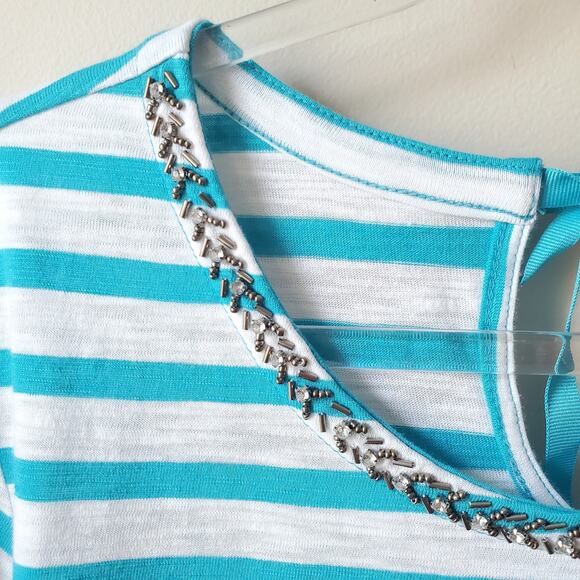 Chicos Aqua White Stripe Crystal Embellished Knit Top XL 3 Nautical Coastal NEW - Picture 2 of 9